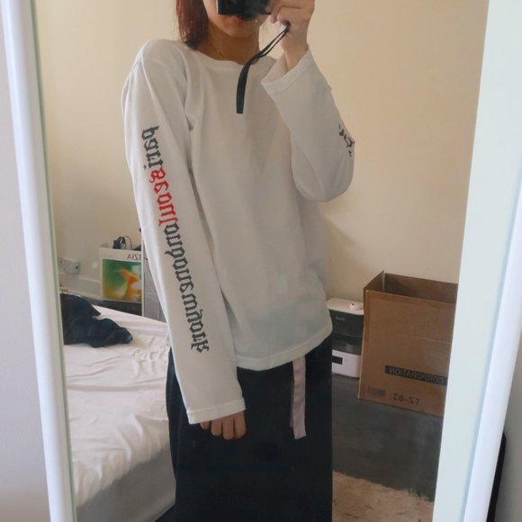 White Long Sleeve Tee with prints on the sleeve - Picture 1 of 4